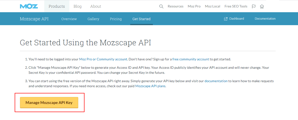 Manage Mozscape API Key